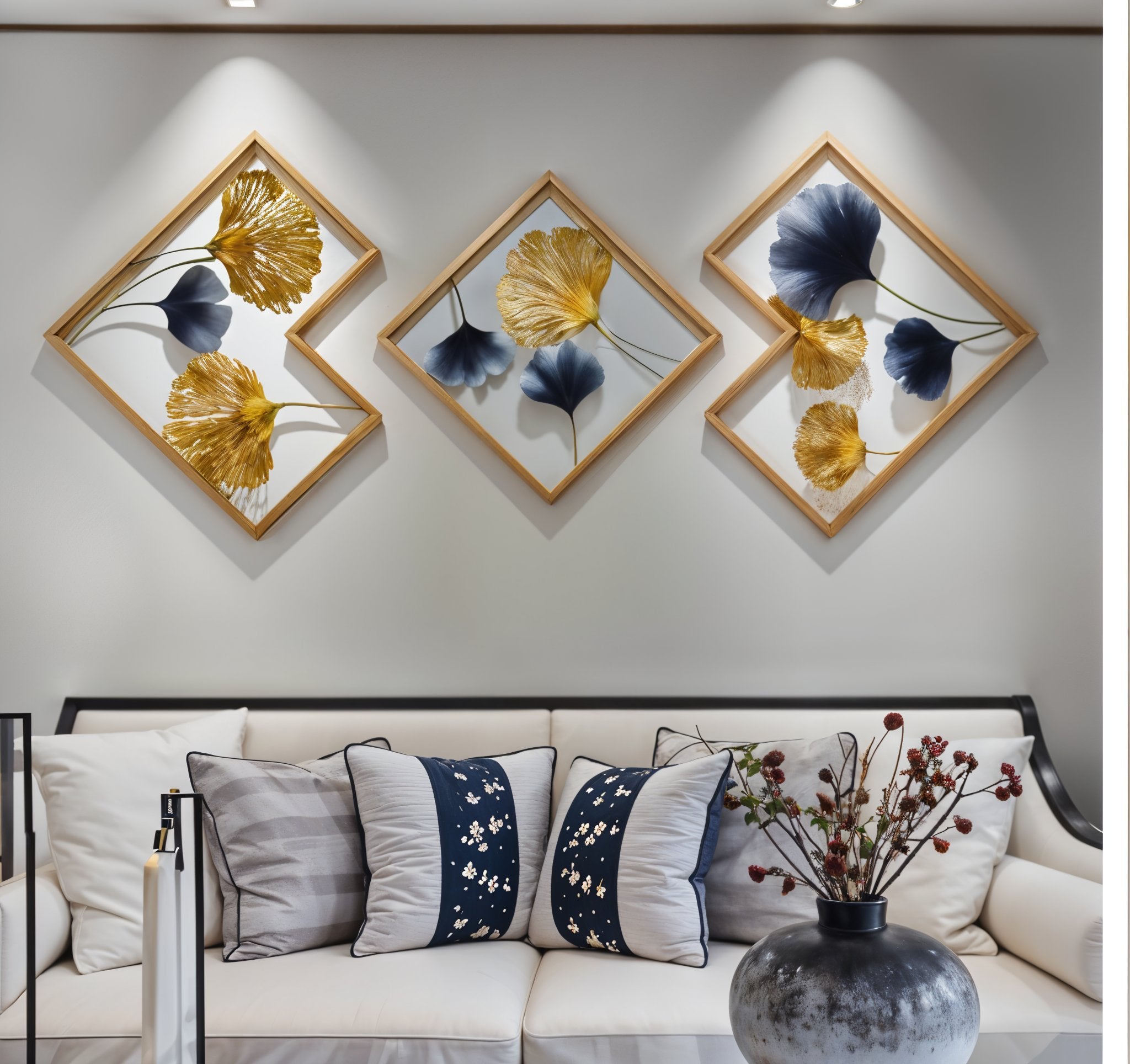 Geometric Gold & Blue Ginkgo Wall Art