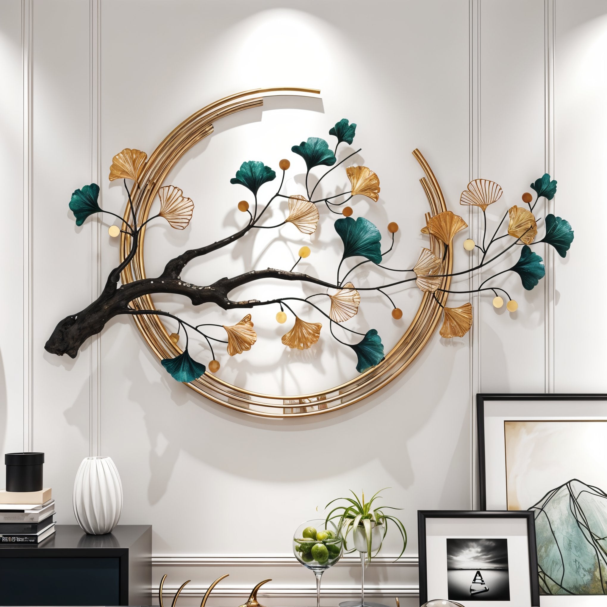 Luxury Gold & Teal Ginkgo Tree Metal Wall Art Décor