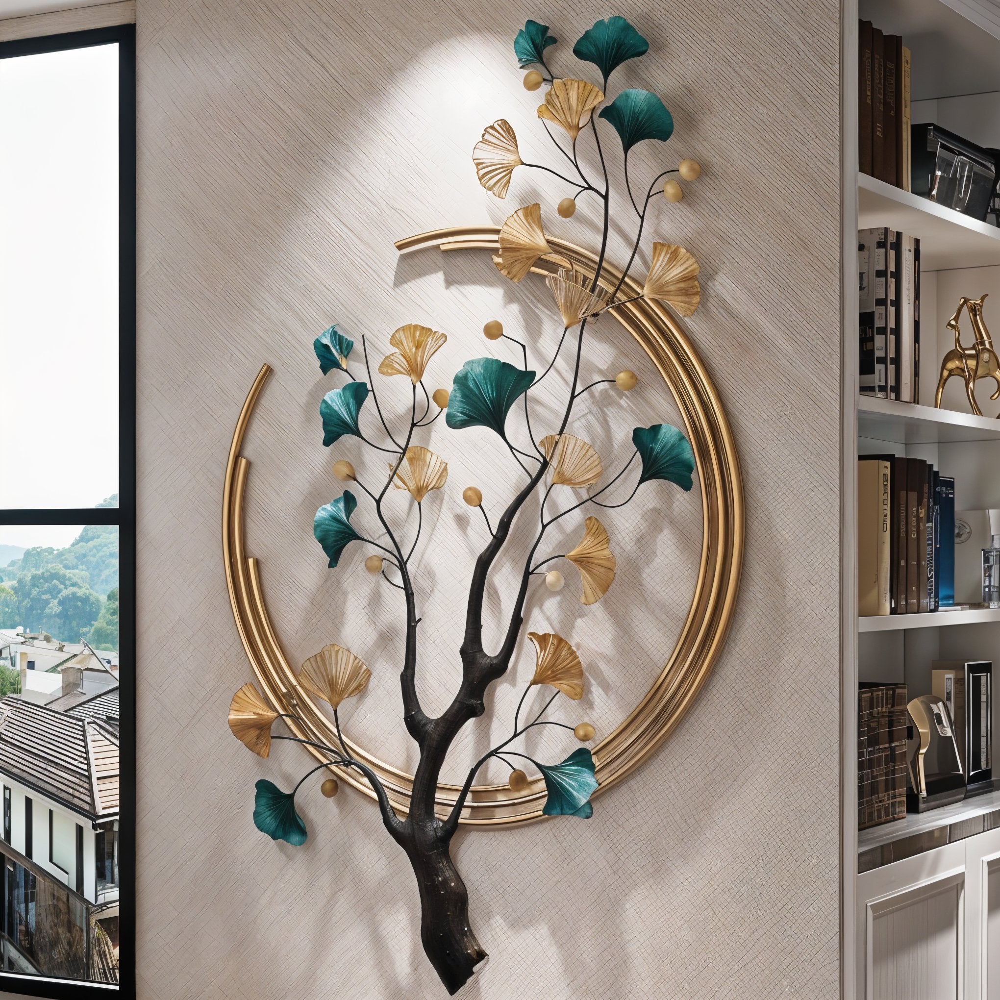Luxury Gold & Teal Ginkgo Tree Metal Wall Art Décor