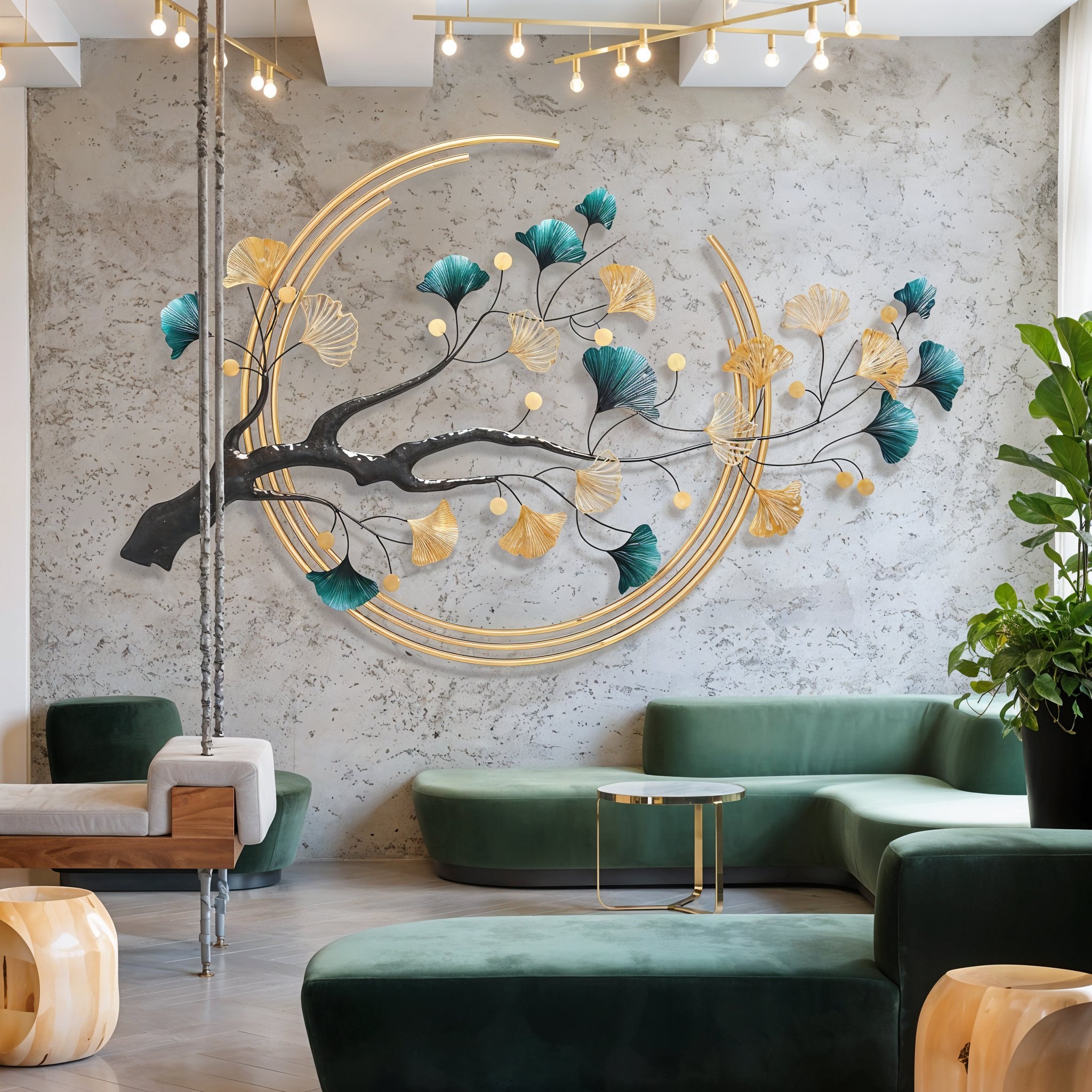 Luxury Gold & Teal Ginkgo Tree Metal Wall Art Décor