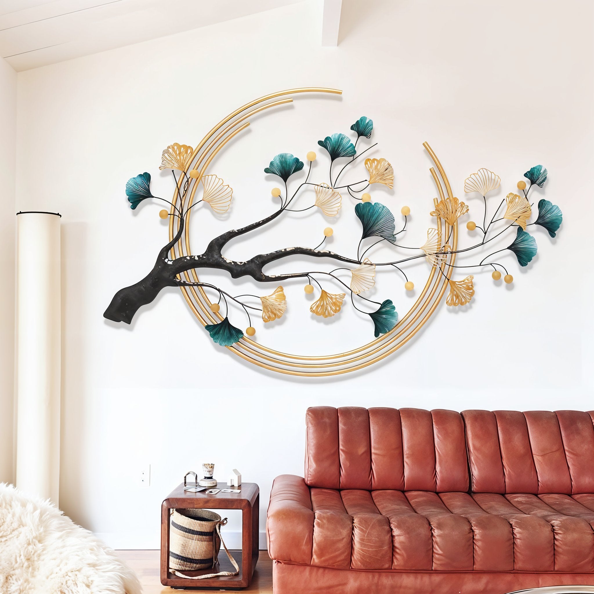 Luxury Gold & Teal Ginkgo Tree Metal Wall Art Décor