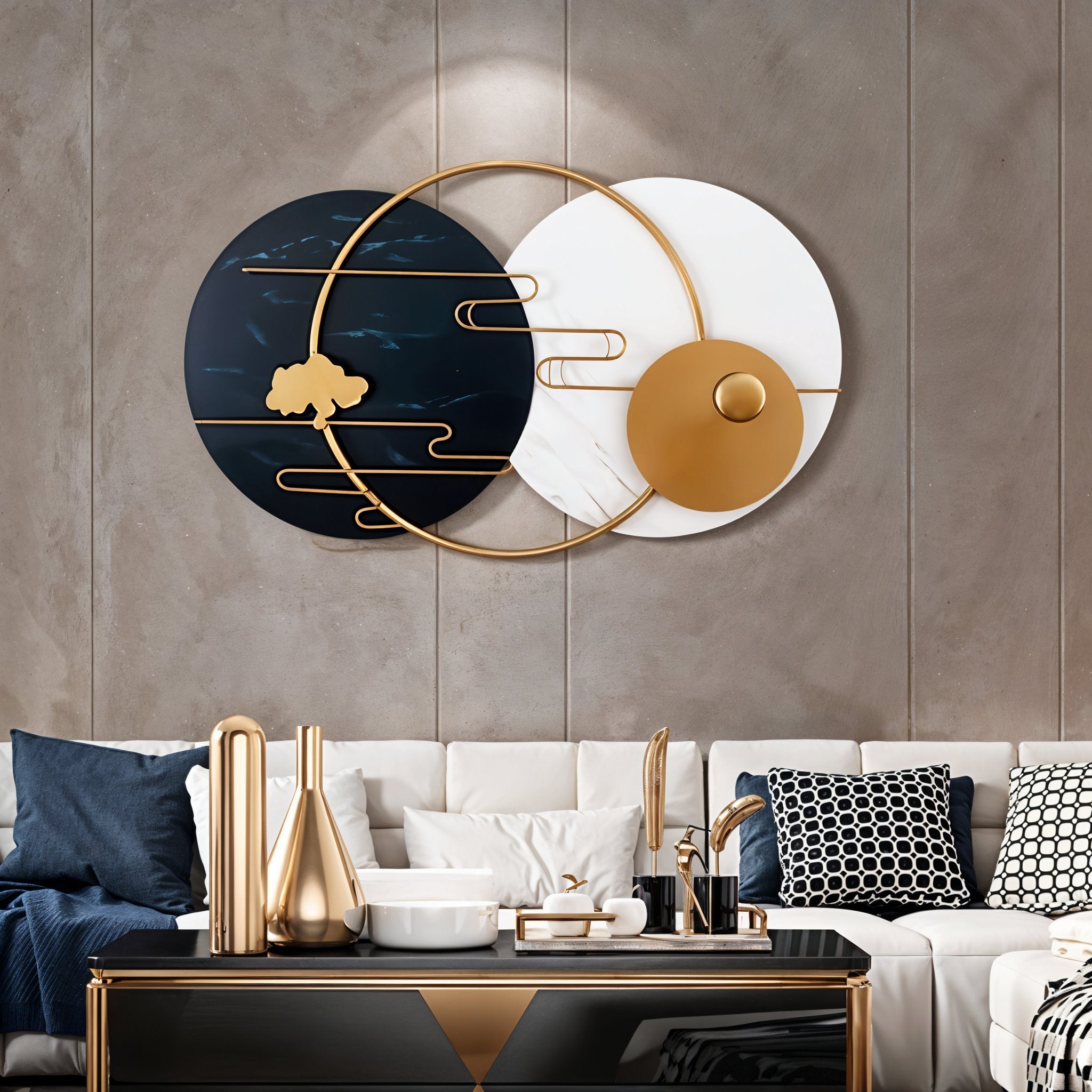 Modern Geometric Metal Wall Art – Black, White & Gold Decor