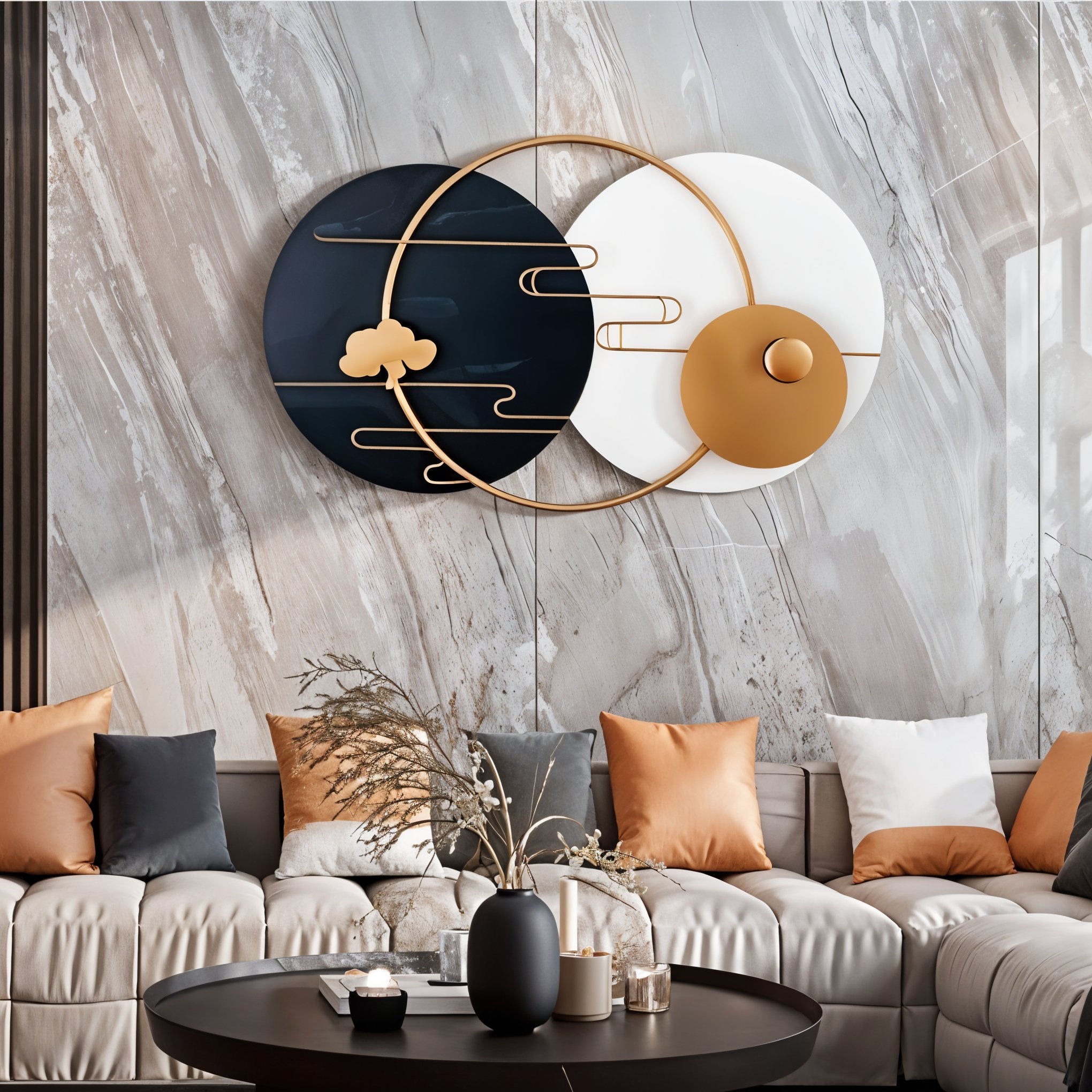 Modern Geometric Metal Wall Art – Black, White & Gold Decor