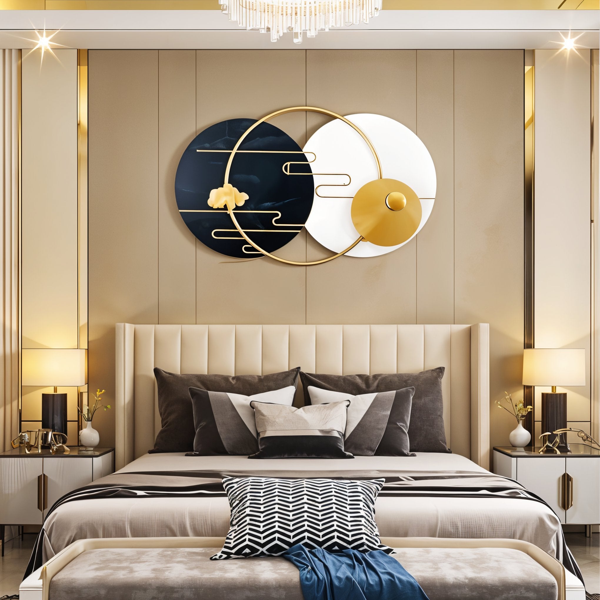 Modern Geometric Metal Wall Art – Black, White & Gold Decor