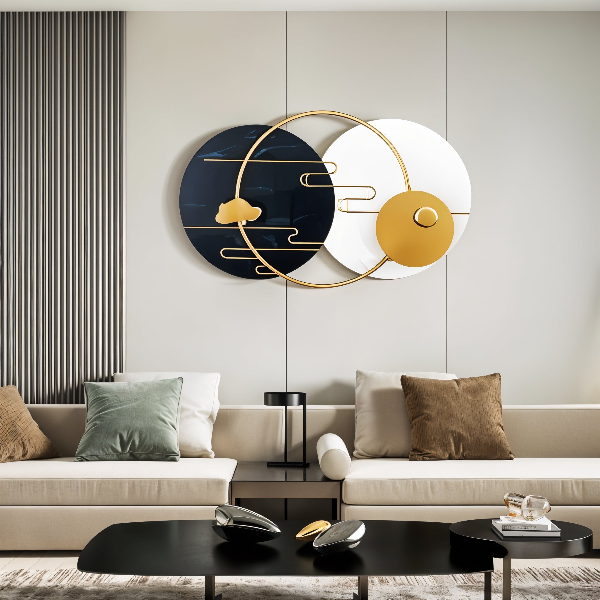 Modern Geometric Metal Wall Art – Black, White & Gold Decor
