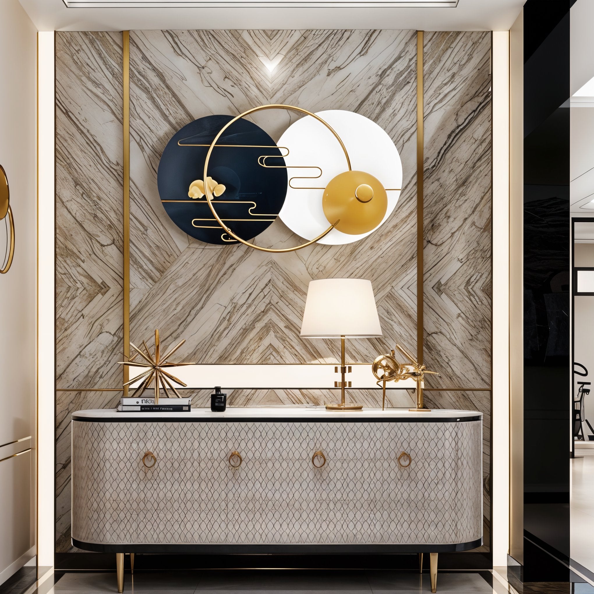 Modern Geometric Metal Wall Art – Black, White & Gold Decor