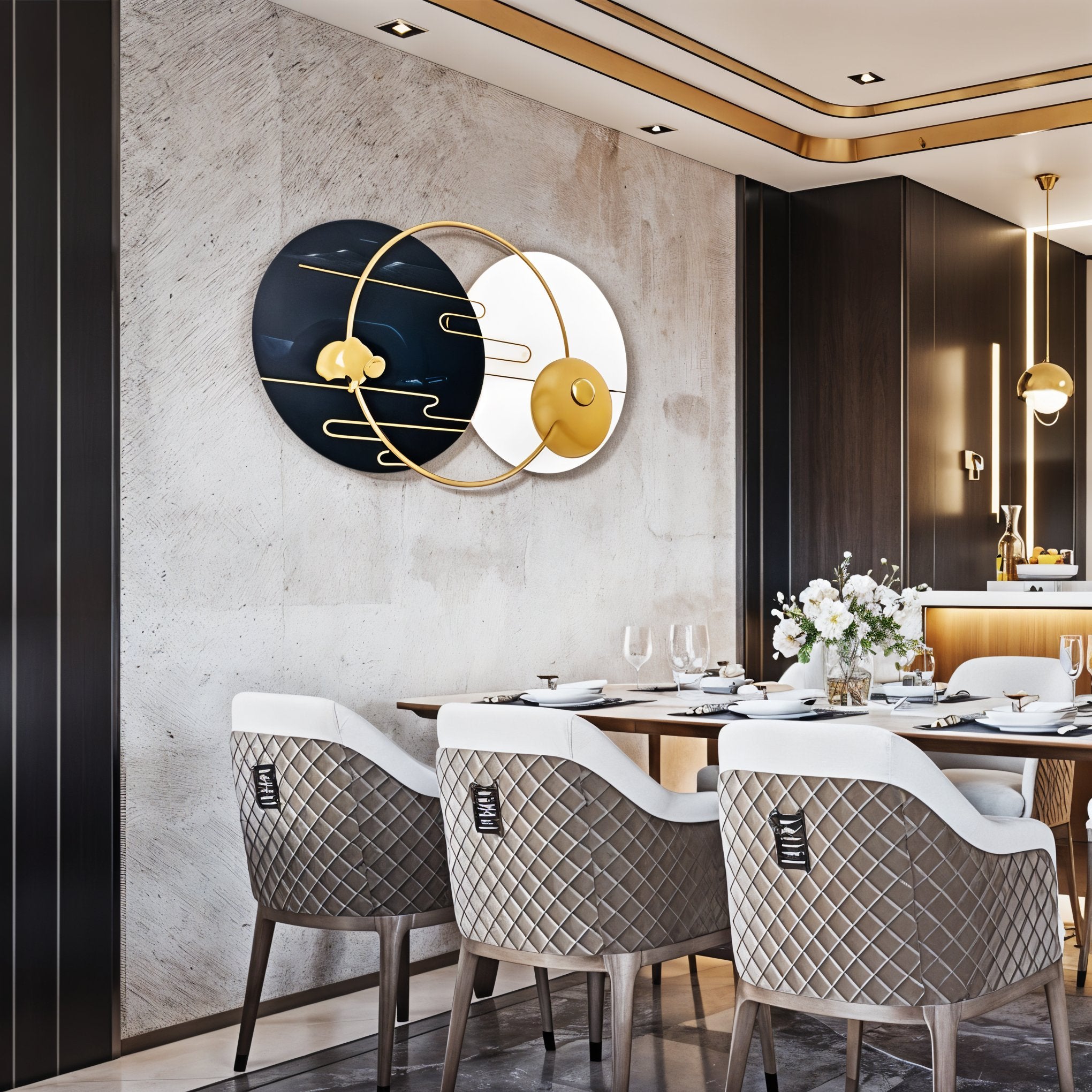 Modern Geometric Metal Wall Art – Black, White & Gold Decor