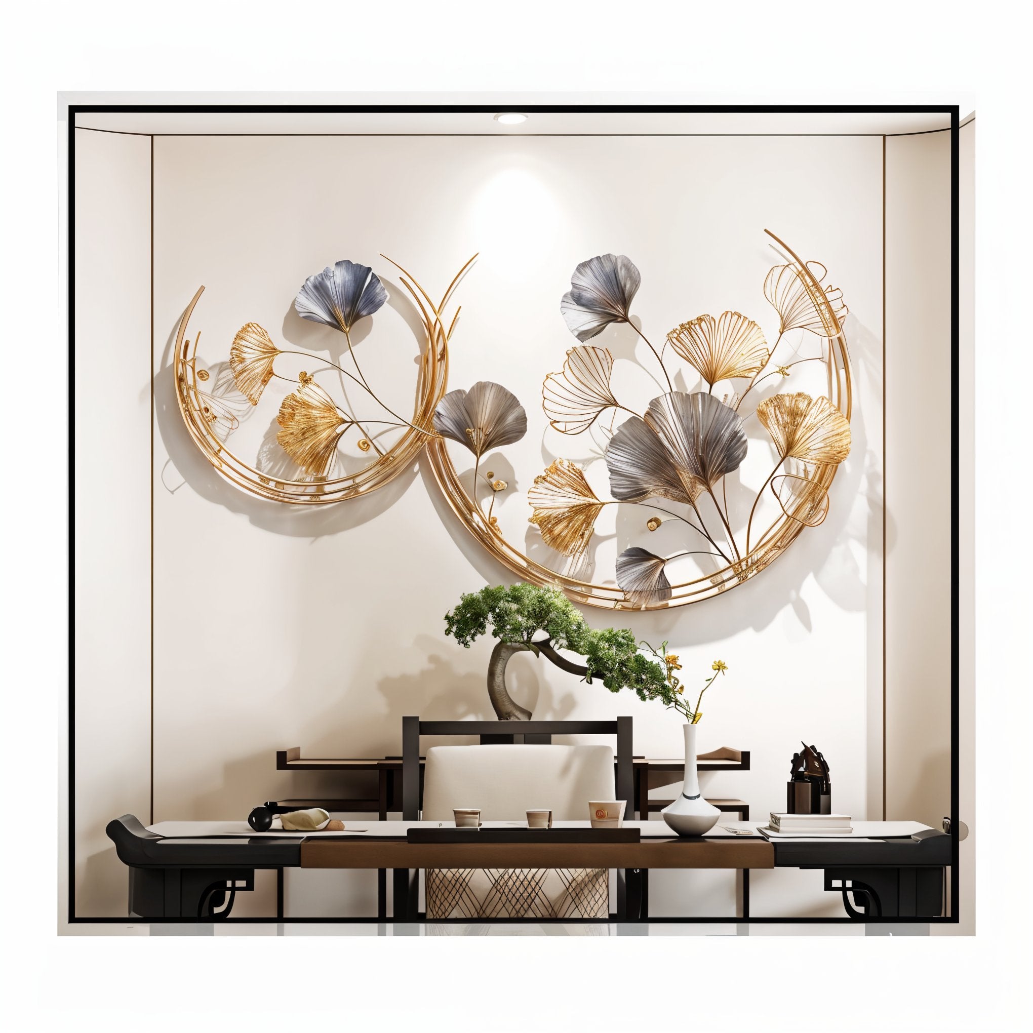 Elegant Gold & Black Ginkgo Leaf Metal Wall Art