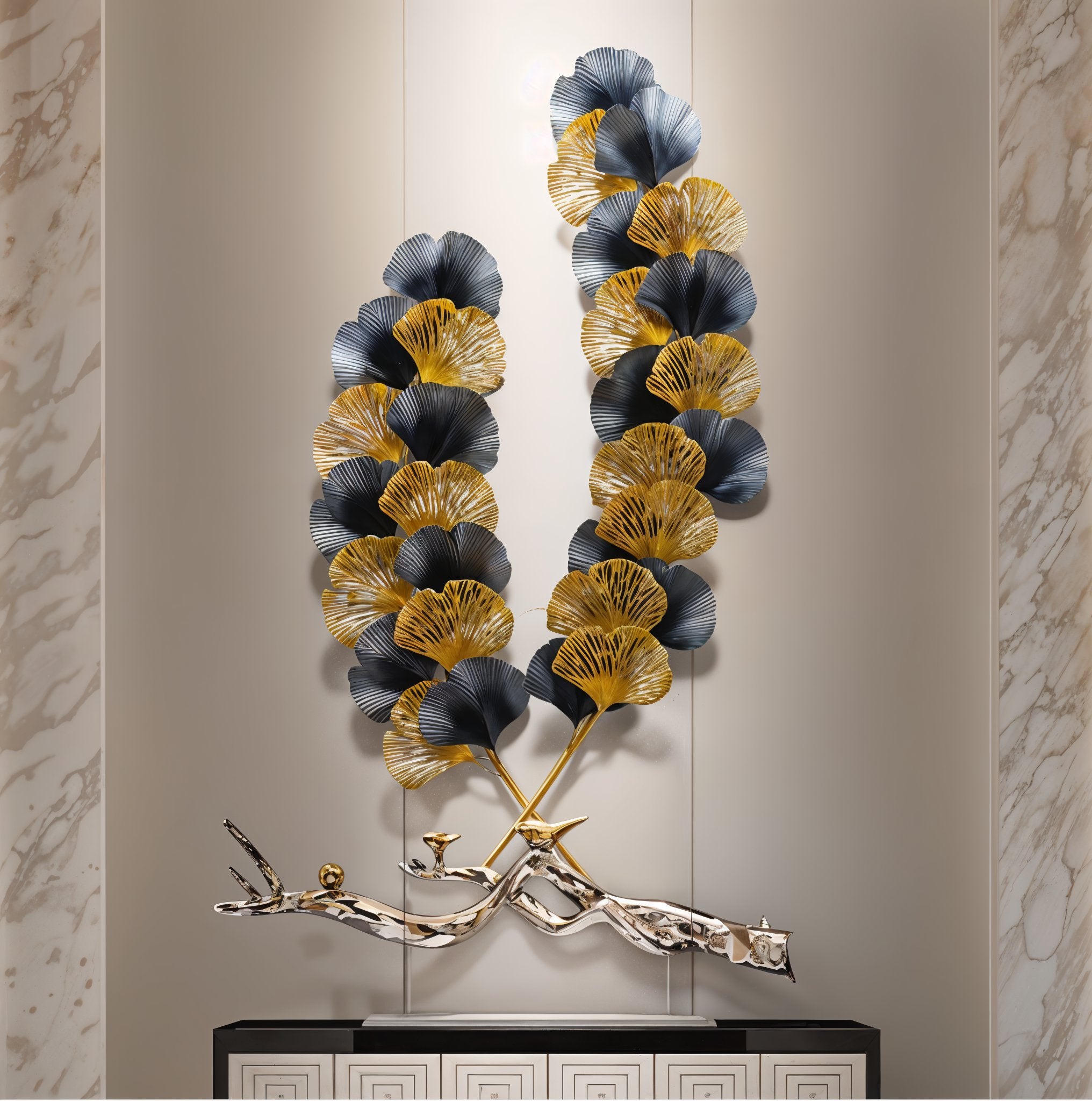 Luxury Metal Ginkgo Leaf Wall Art – Gold & Blue Decor