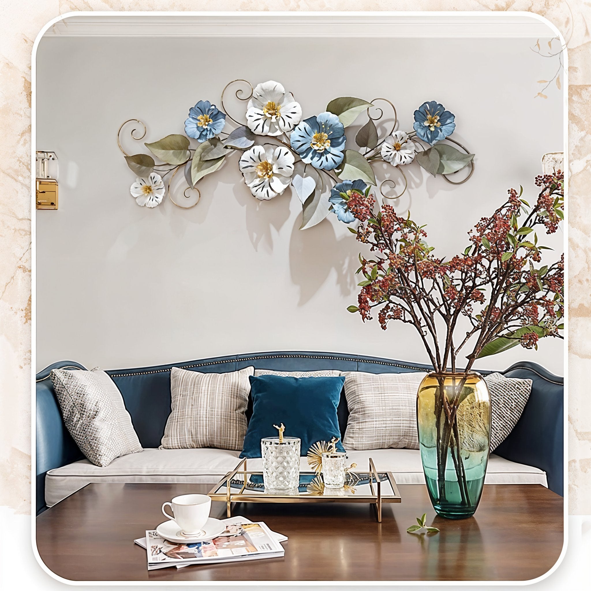 Elegant 3D Metal Floral Wall Art – Blue & Gold Flowers