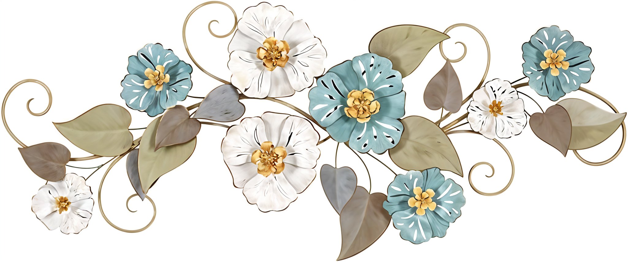 Elegant 3D Metal Floral Wall Art – Blue & Gold Flowers