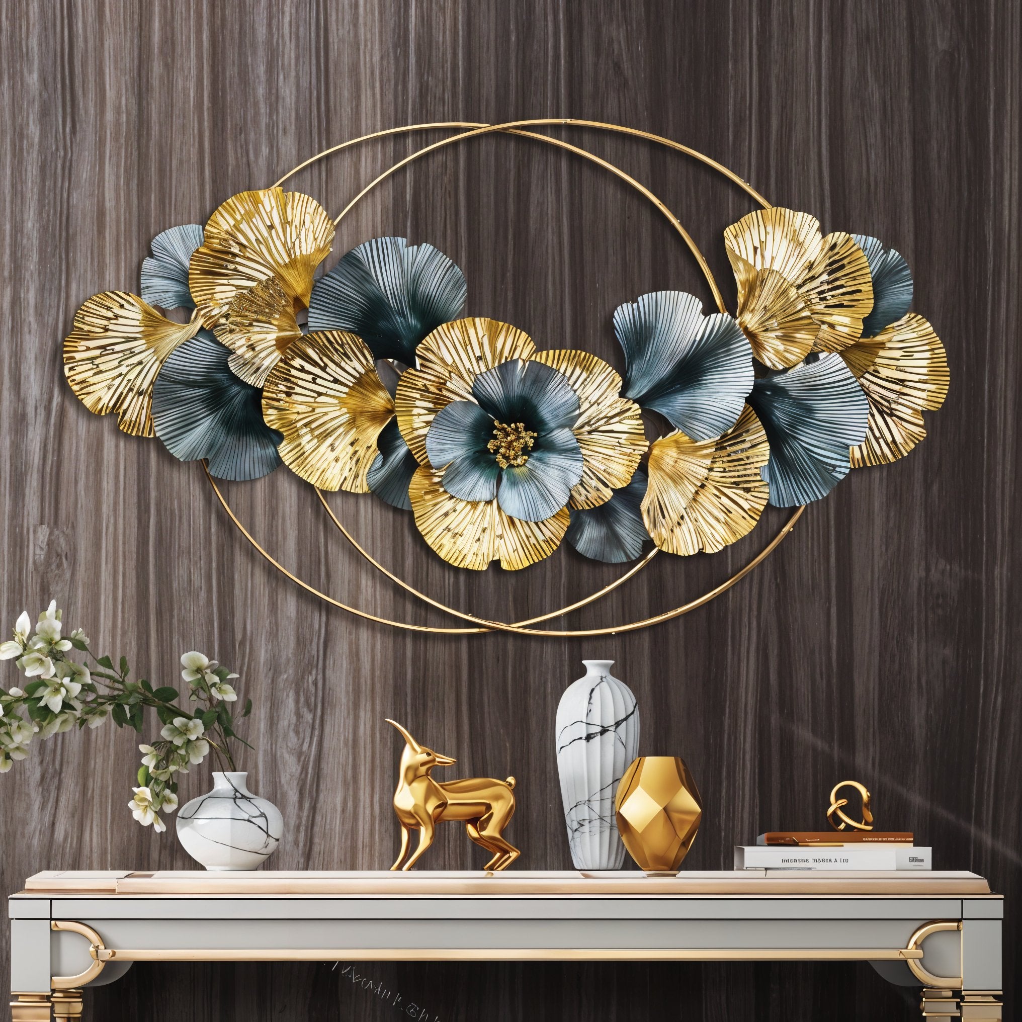 Luxury Floral Metal Wall Art – Gold & Teal Bloom Design