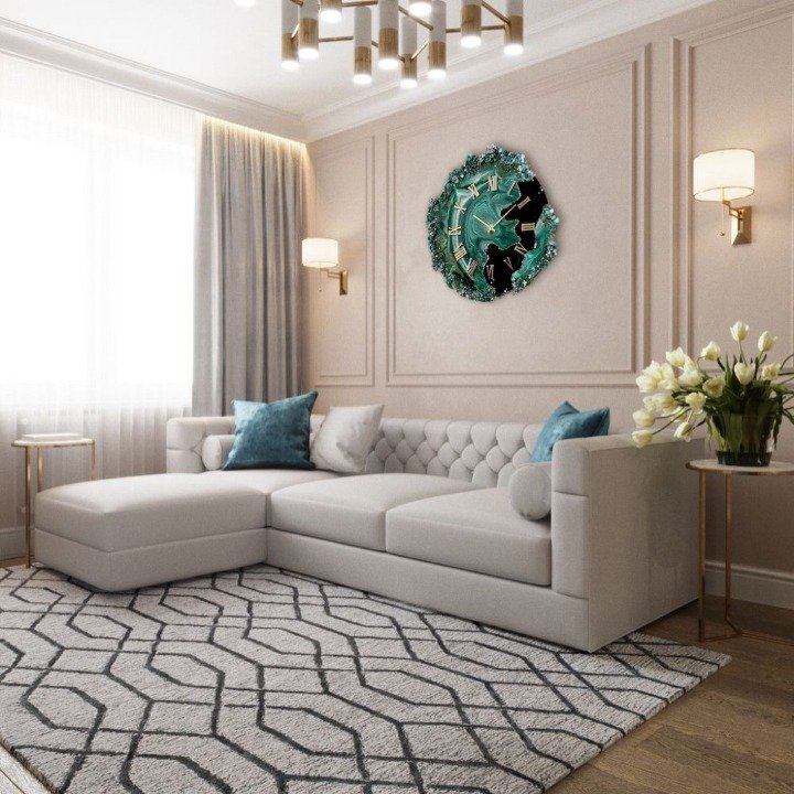 Green and Black Agate Wall Clock with Crystal Accents and Roman Numerals - Nestern