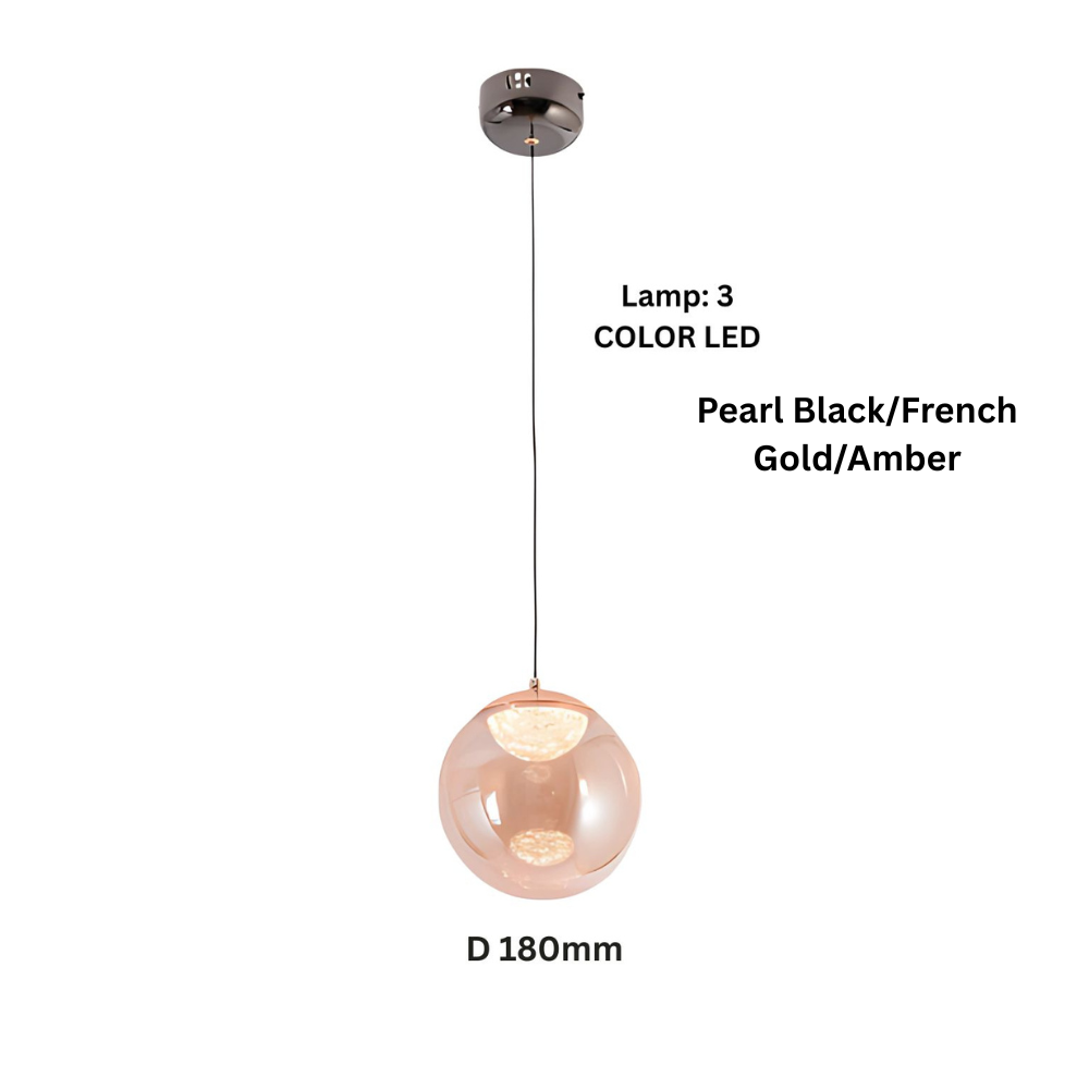 Modern Smoke Grey & Amber Glass Pendant Light - Pearl Black & French Gold LED Lamp