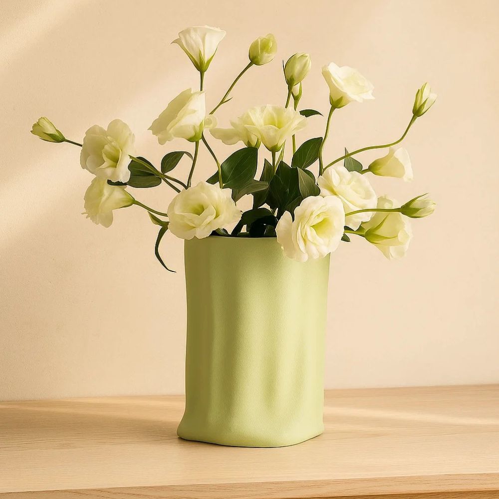 Hand Pinched Textured Paper Bag Style Vase in Cheese Matcha Finish