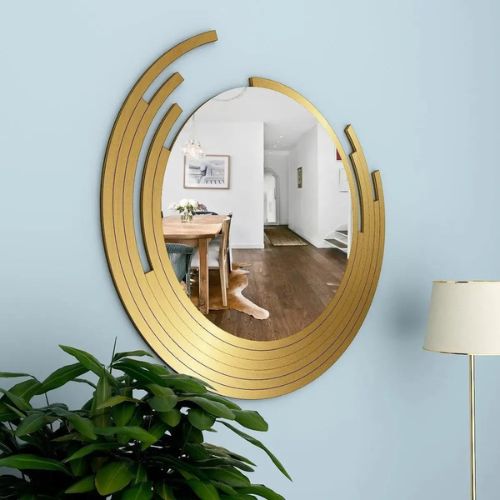 Half Moon Metal Mirror Asymmetric Golden Finish Wall Mirror, For Home