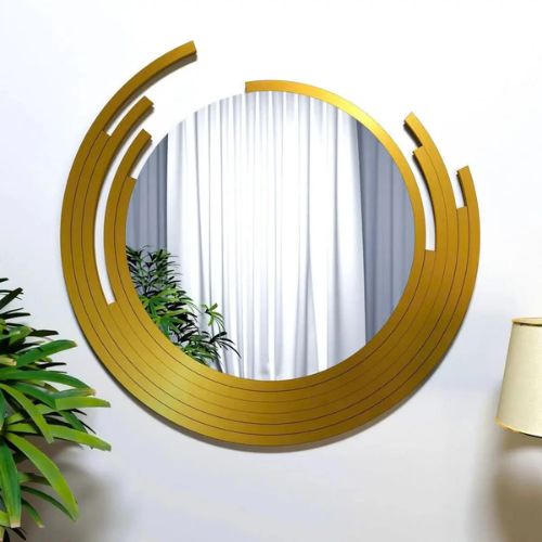 Half Moon Metal Mirror Asymmetric Golden Finish Wall Mirror, For Home
