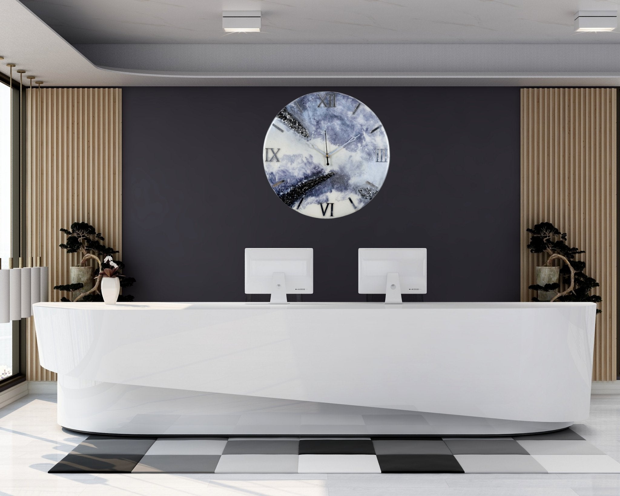 Handmade Purple & White Epoxy Wall Clock with Roman Numerals, No Glass - Nestern