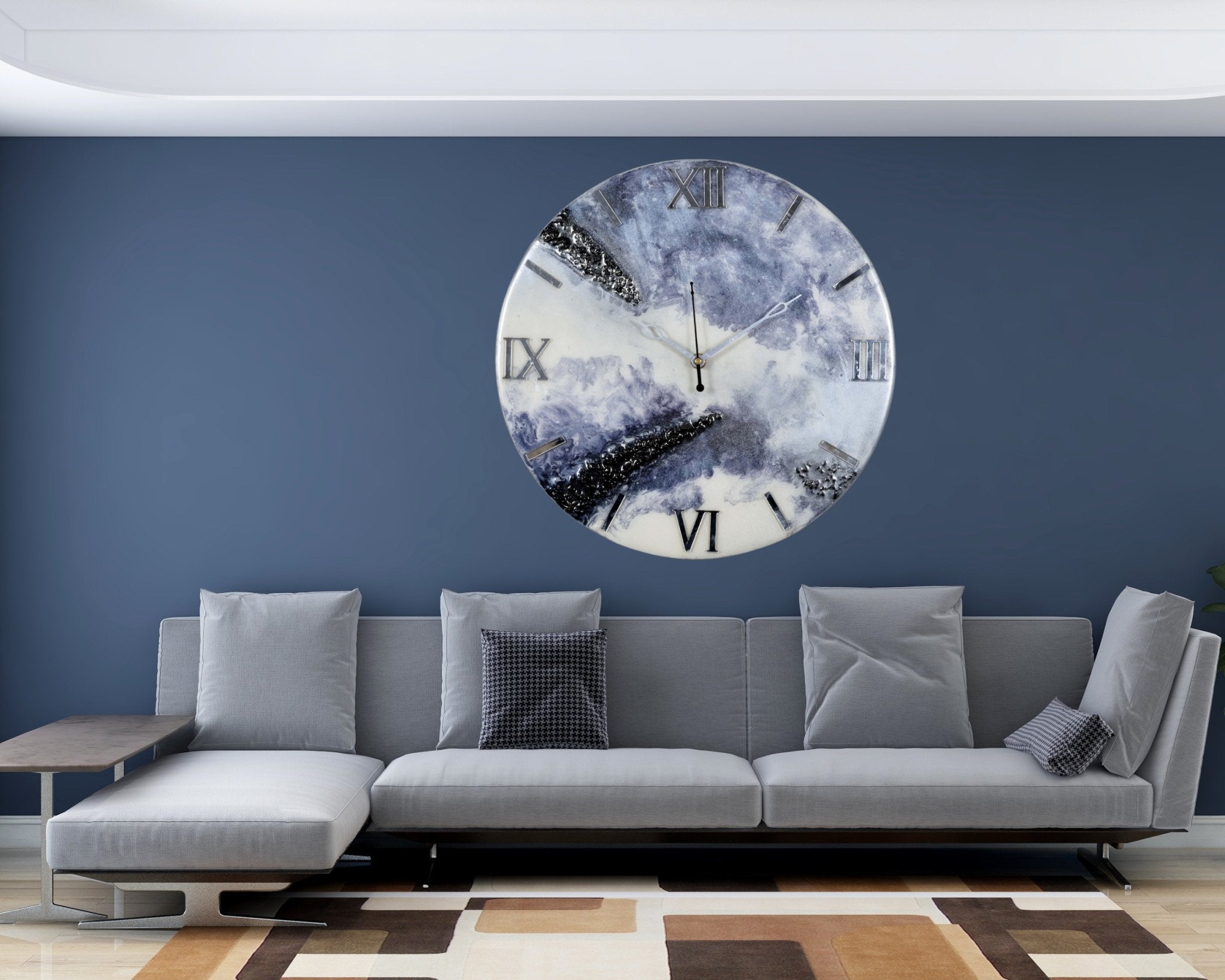 Handmade Purple & White Epoxy Wall Clock with Roman Numerals, No Glass - Nestern