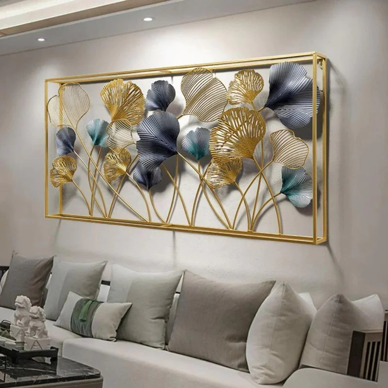 Luxury 3D Metal Wall Art – Gold & Blue Ginkgo Leaves