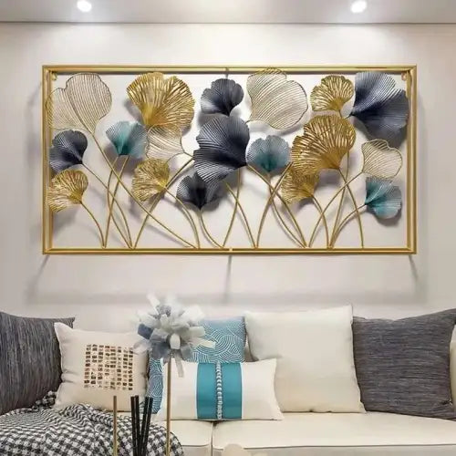 Luxury 3D Metal Wall Art – Gold & Blue Ginkgo Leaves