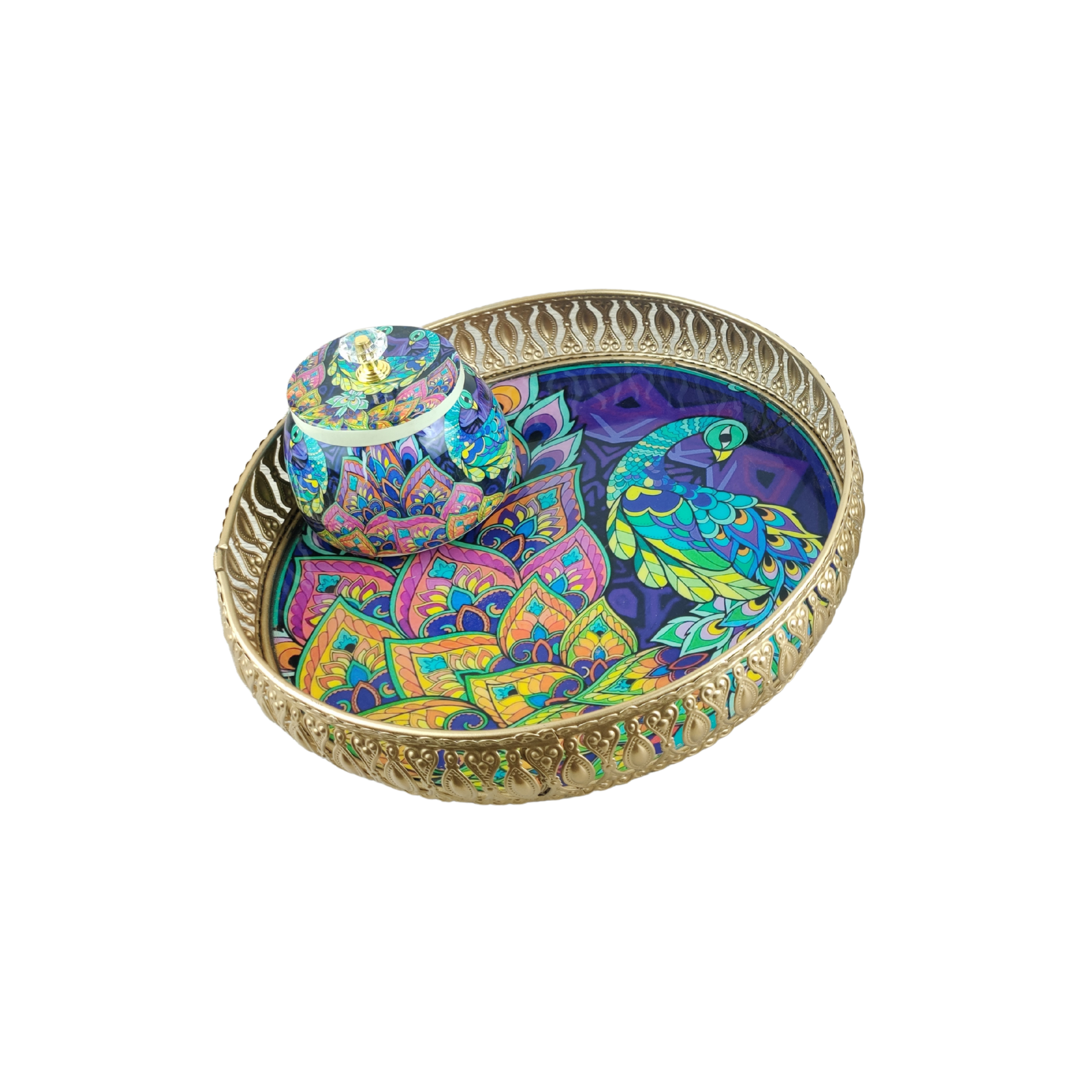 Luxury Peacock-Themed Decorative Serving Tray with Jar - Nestern