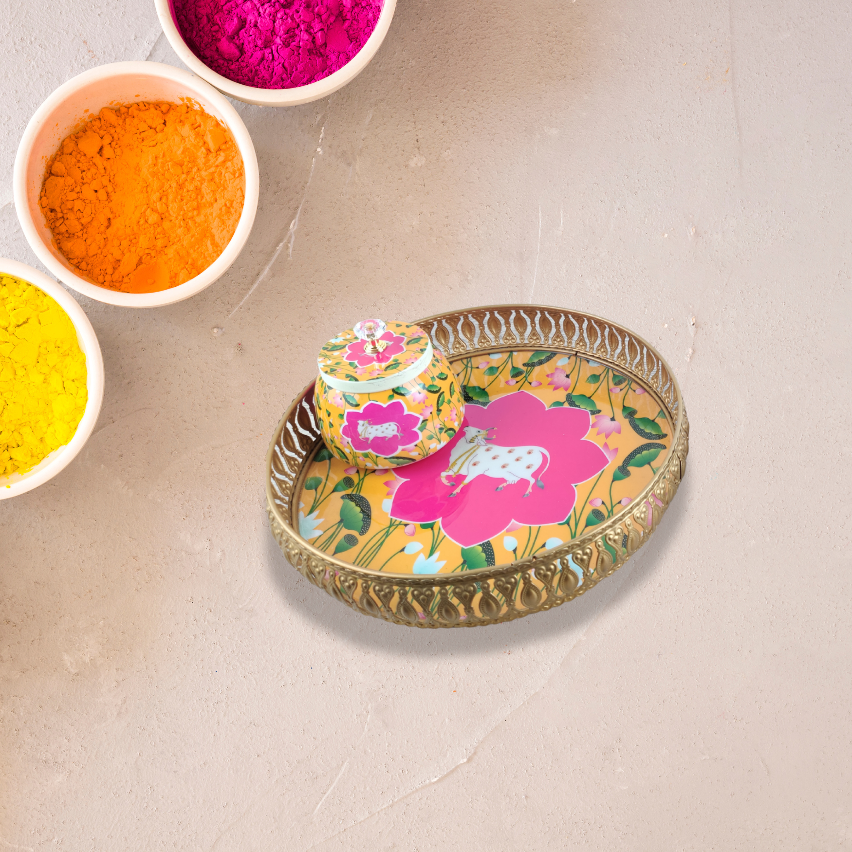 Vibrant Floral Cow-Themed Decorative Tray & Jar – A Fusion of Art & Culture - Nestern