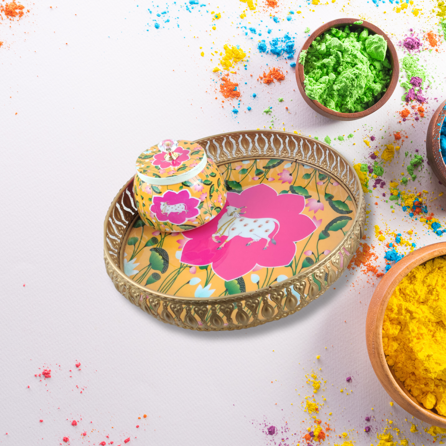 Vibrant Floral Cow-Themed Decorative Tray & Jar – A Fusion of Art & Culture - Nestern