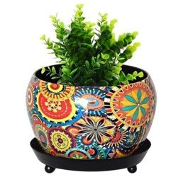 Vibrant Ceramic Planter with Tray – Boho Chic Flower Pot