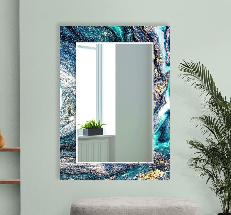 Sleek Blue Rectangular Mirror – Modern Elegance for Any Space - Nestern