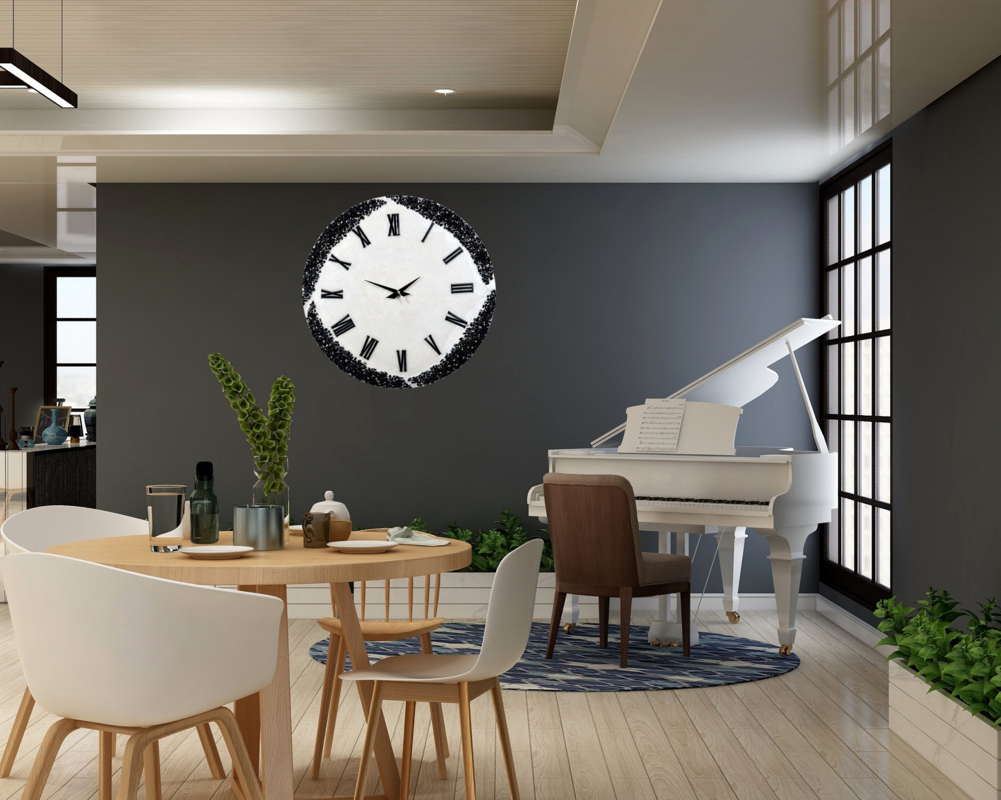 Stylish Wall Clock Sculpture – Durable Black Stones on White Background - Nestern