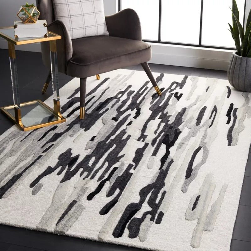 Switzerland Wool Collections Modern Abstract Area Rug, Ivory & Black, Handmade Mid-Century Wool Rug, Perfect for Living Room, Bedroom, High Traffic Areas - Nestern