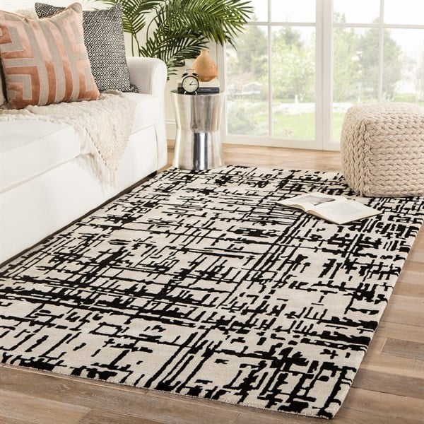 Switzerland Wool Collections Modern Abstract Beige and Black Area Rug - Custom Sizes Available - Nestern
