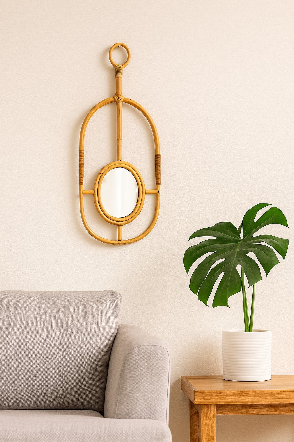Handcrafted Oval Rattan Wall Mirror for Boho Home Décor