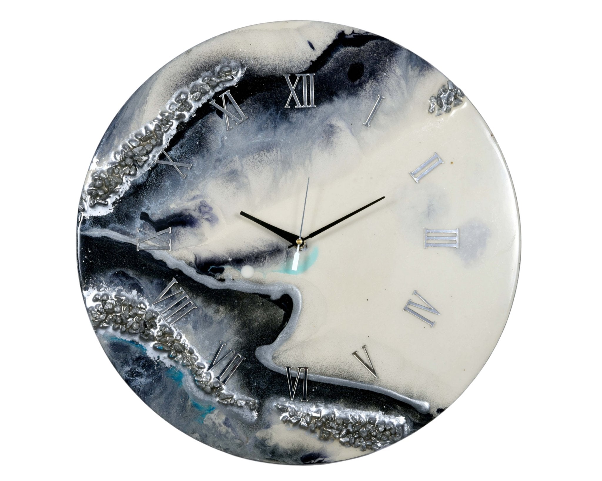 Wavy Black Epoxy Resin Wall Clock with Roman Numerals, Handmade, No Glass - Nestern