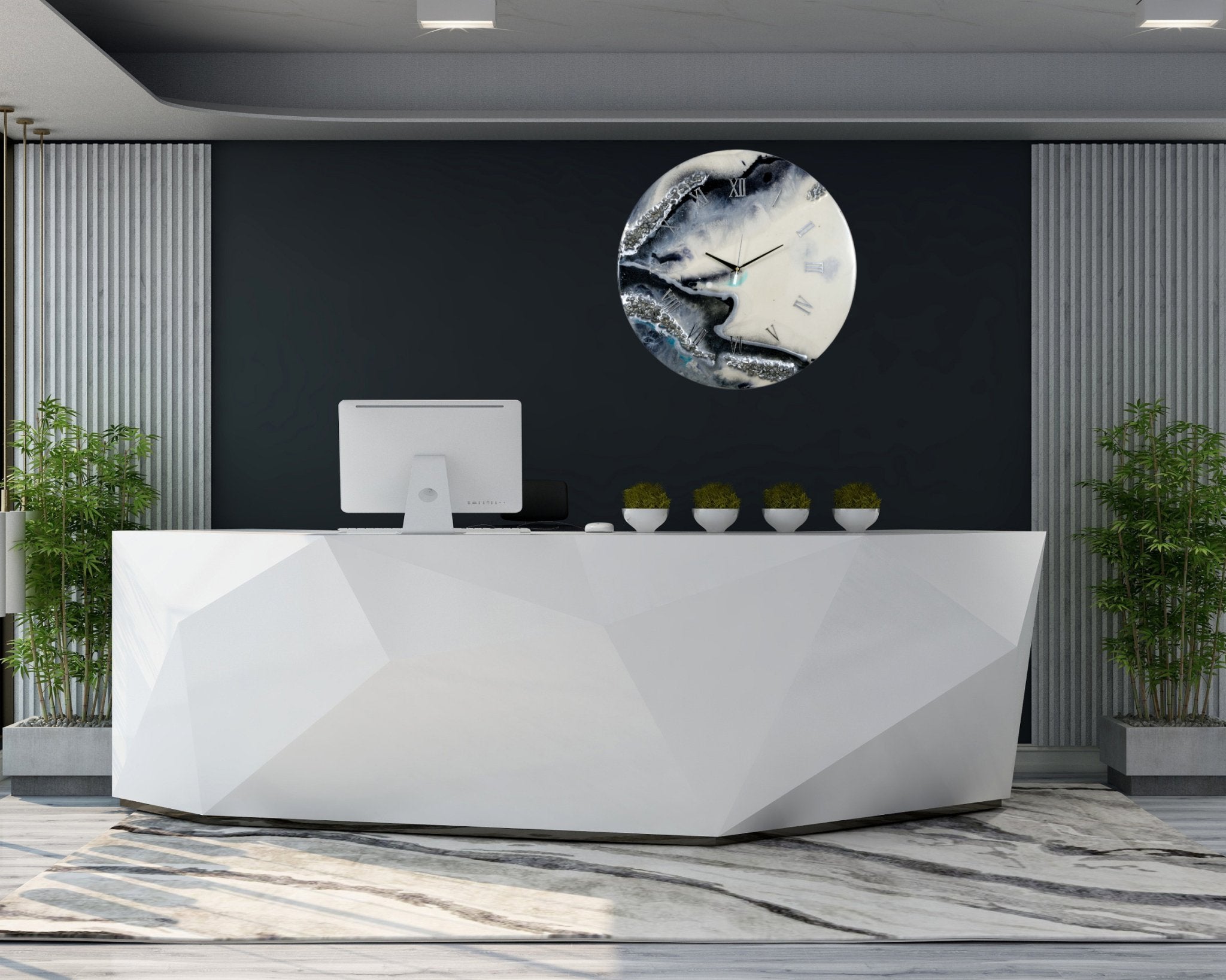 Wavy Black Epoxy Resin Wall Clock with Roman Numerals, Handmade, No Glass - Nestern