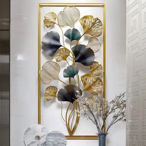 Luxury 3D Metal Wall Art – Gold & Blue Ginkgo Leaves