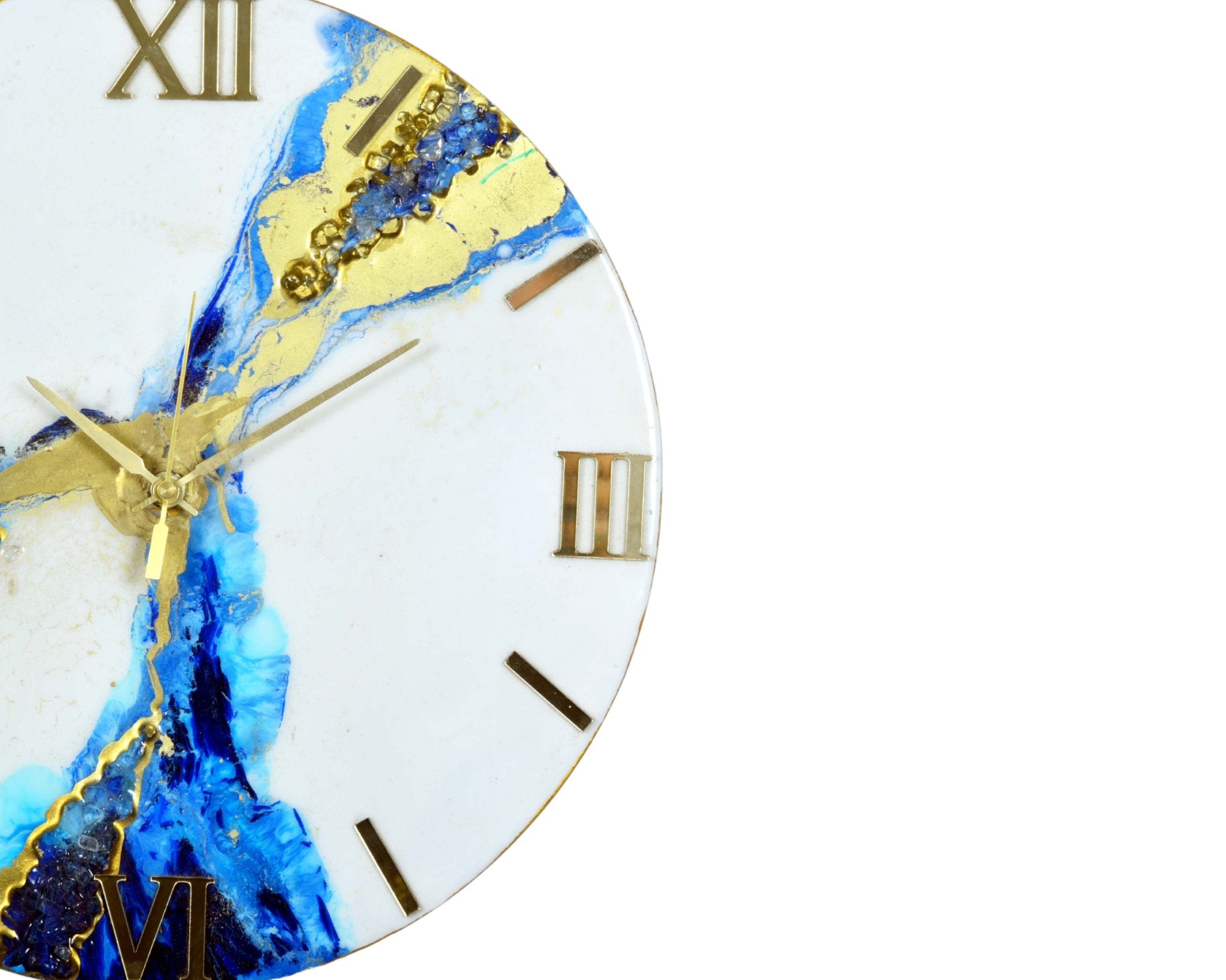 White & Blue Abstract Epoxy Resin Wall Clock, Striking Gold Accents - Nestern