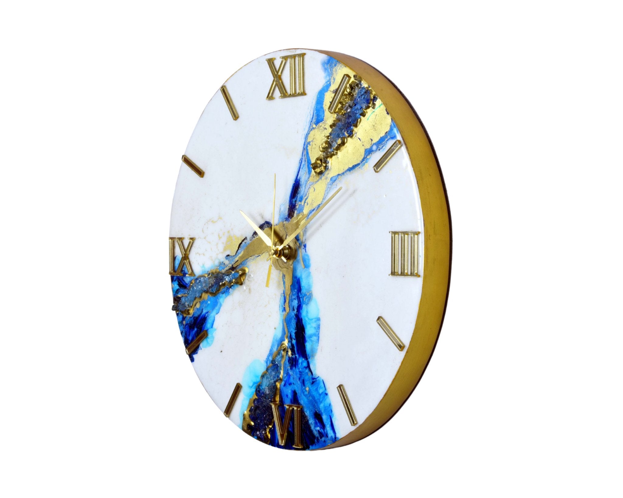White & Blue Abstract Epoxy Resin Wall Clock, Striking Gold Accents - Nestern