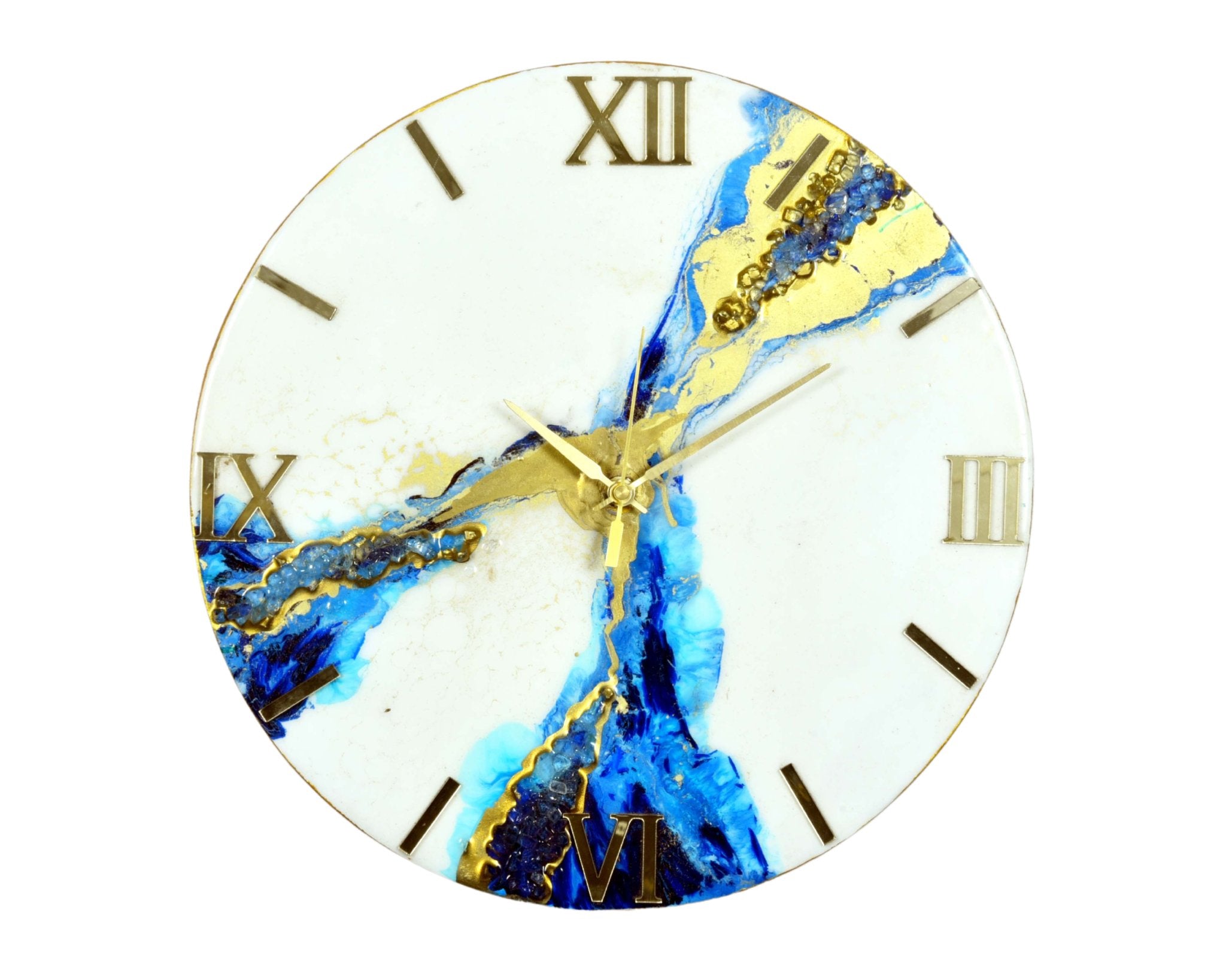 White & Blue Abstract Epoxy Resin Wall Clock, Striking Gold Accents - Nestern