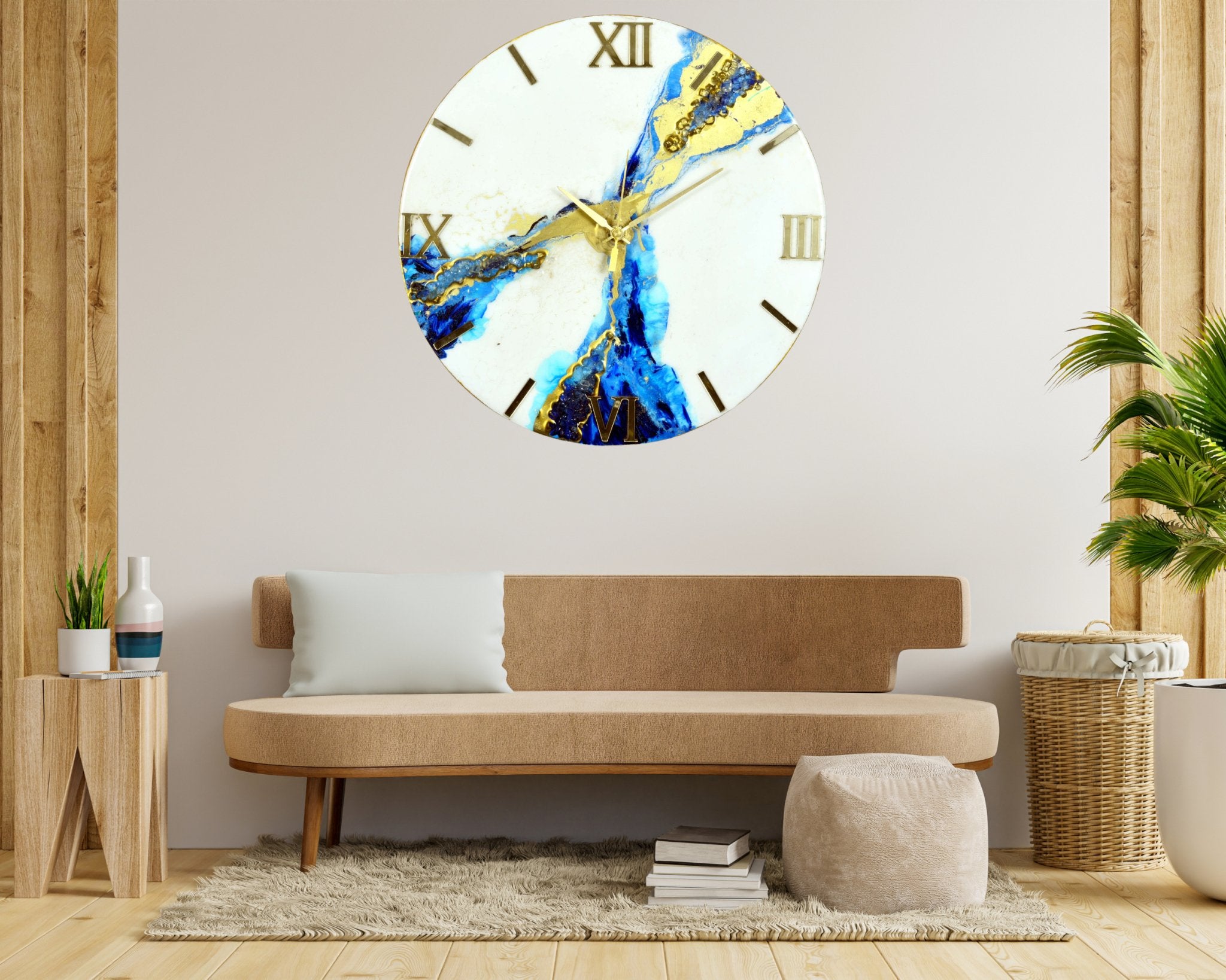 White & Blue Abstract Epoxy Resin Wall Clock, Striking Gold Accents - Nestern
