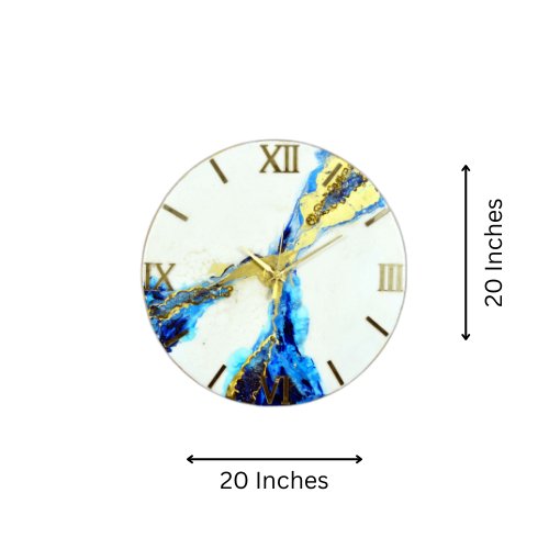White & Blue Abstract Epoxy Resin Wall Clock, Striking Gold Accents - Nestern