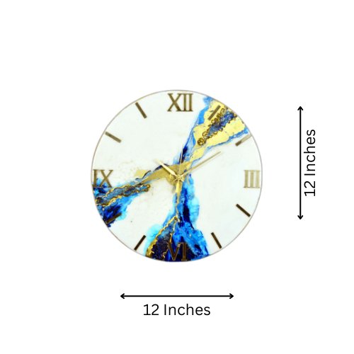 White & Blue Abstract Epoxy Resin Wall Clock, Striking Gold Accents - Nestern
