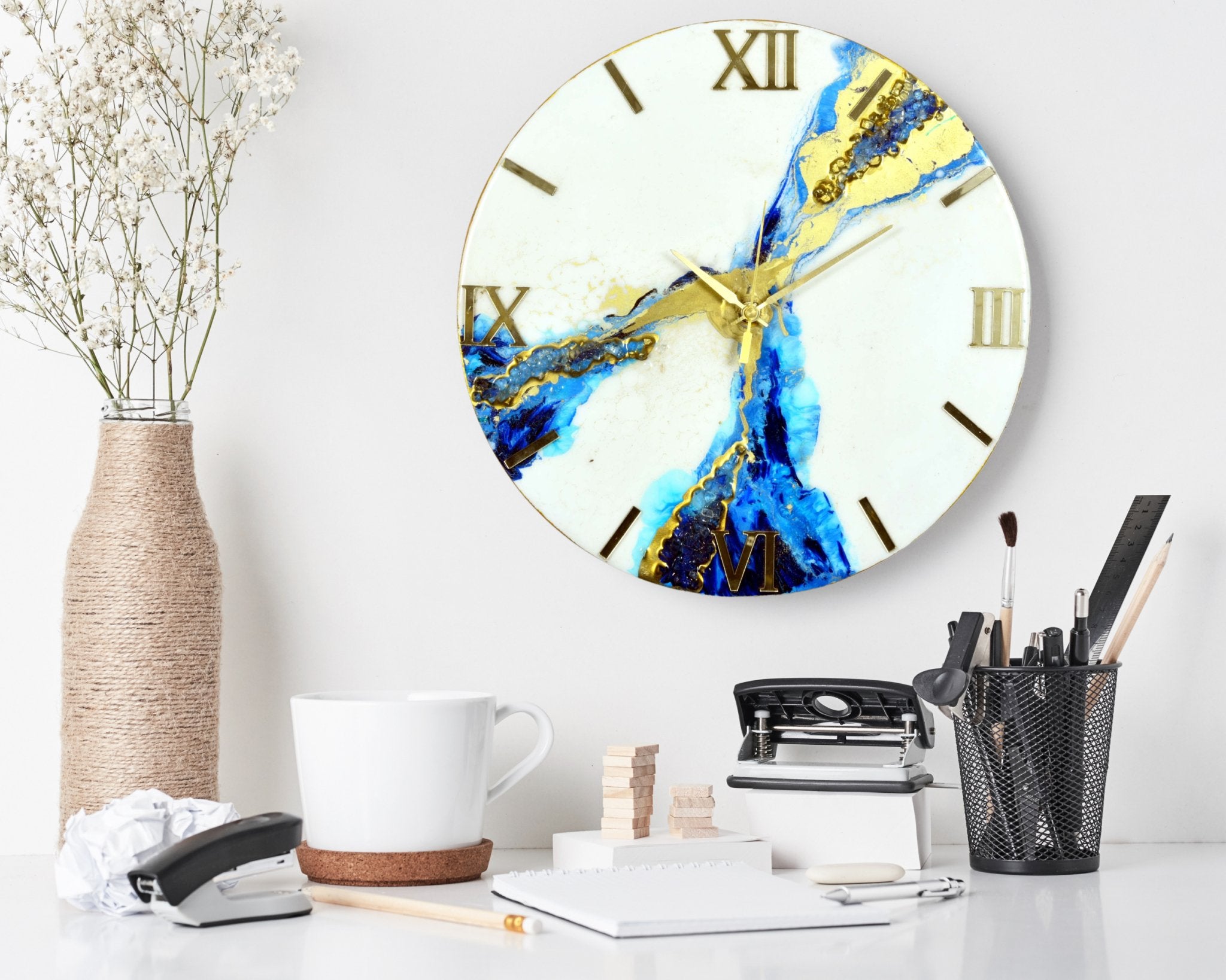 White & Blue Abstract Epoxy Resin Wall Clock, Striking Gold Accents - Nestern