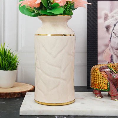 White Porcelain Vase With A Golden Ring Accent - Nestern