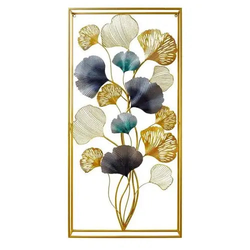 Luxury 3D Metal Wall Art – Gold & Blue Ginkgo Leaves
