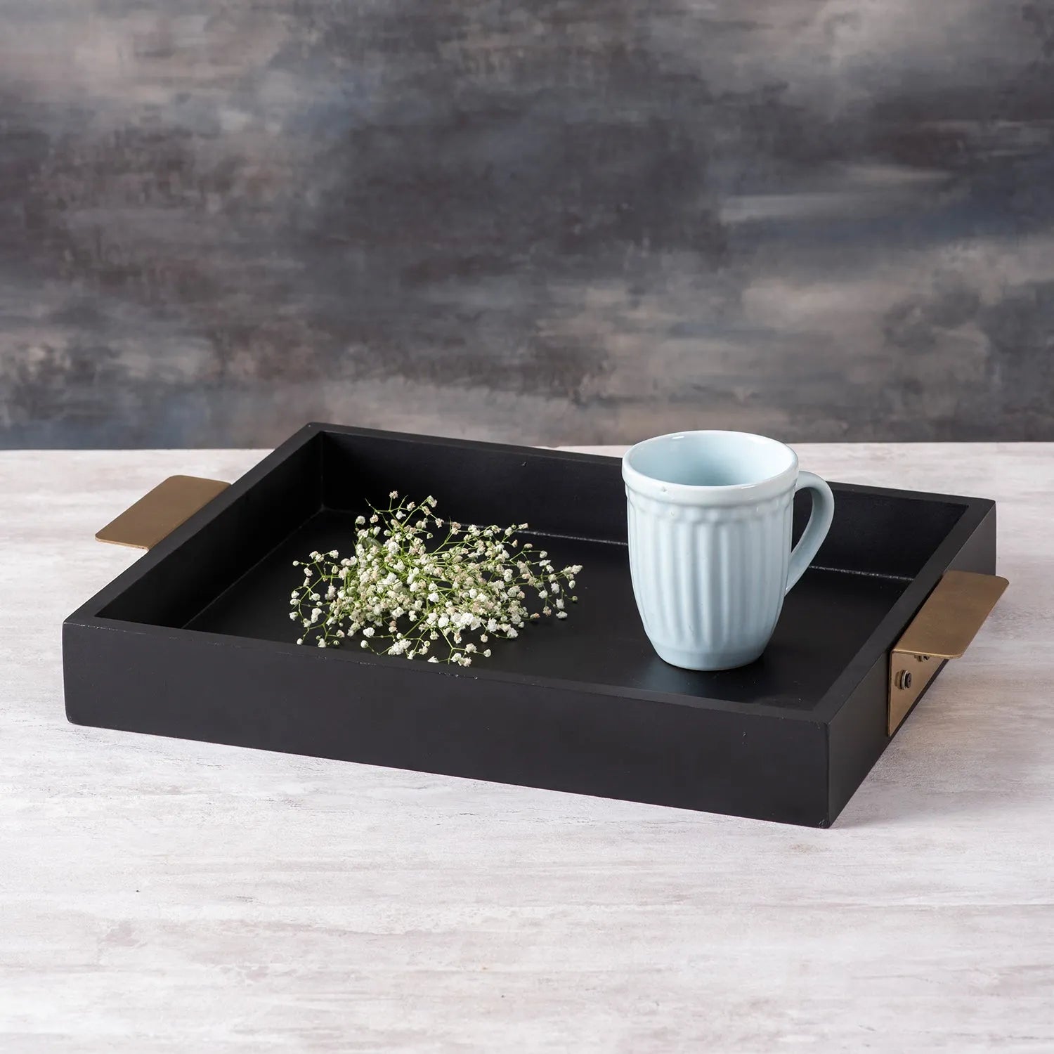 Black Wooden Serving Tray with Brass Handles - Nestern