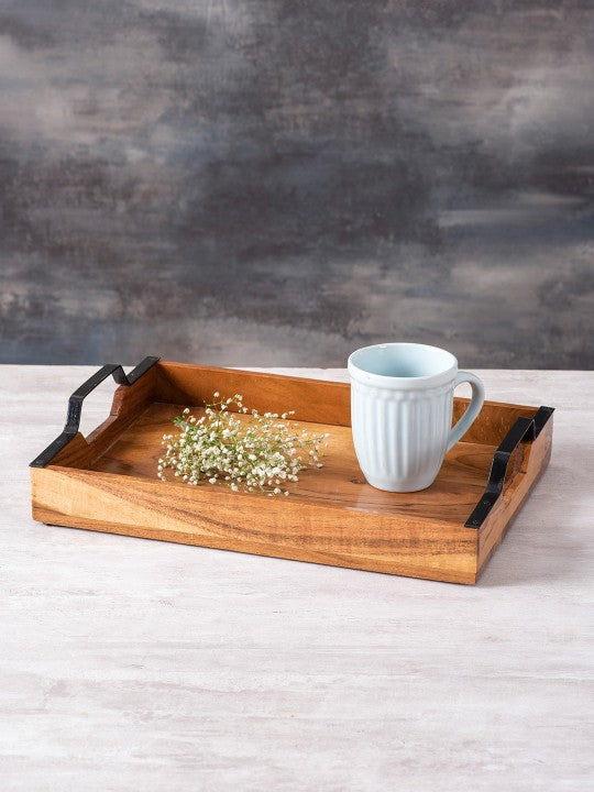 Sheesham Wood Serving Tray with Black Metal Handles - Nestern