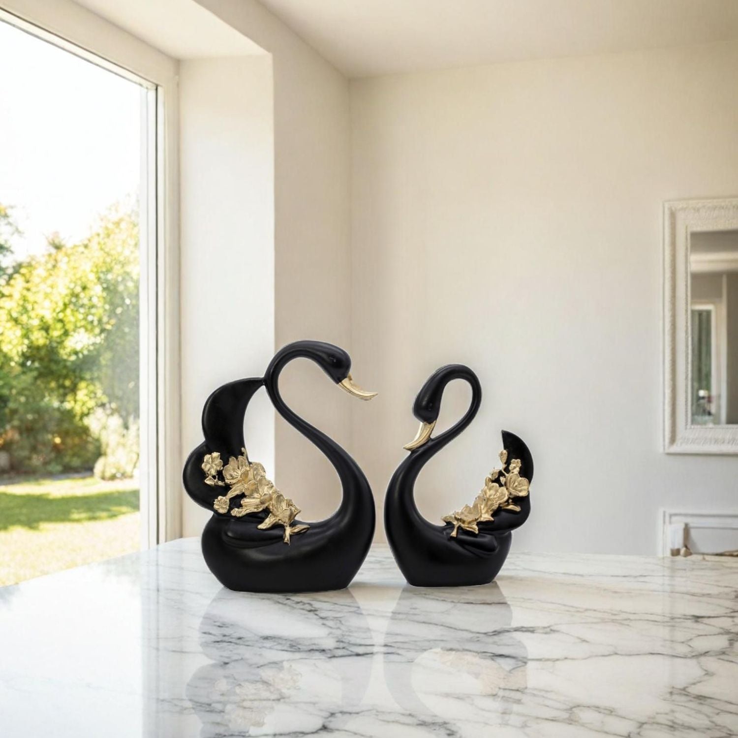 Luxury Black Swan Figurines With Gold Floral Design For Decor