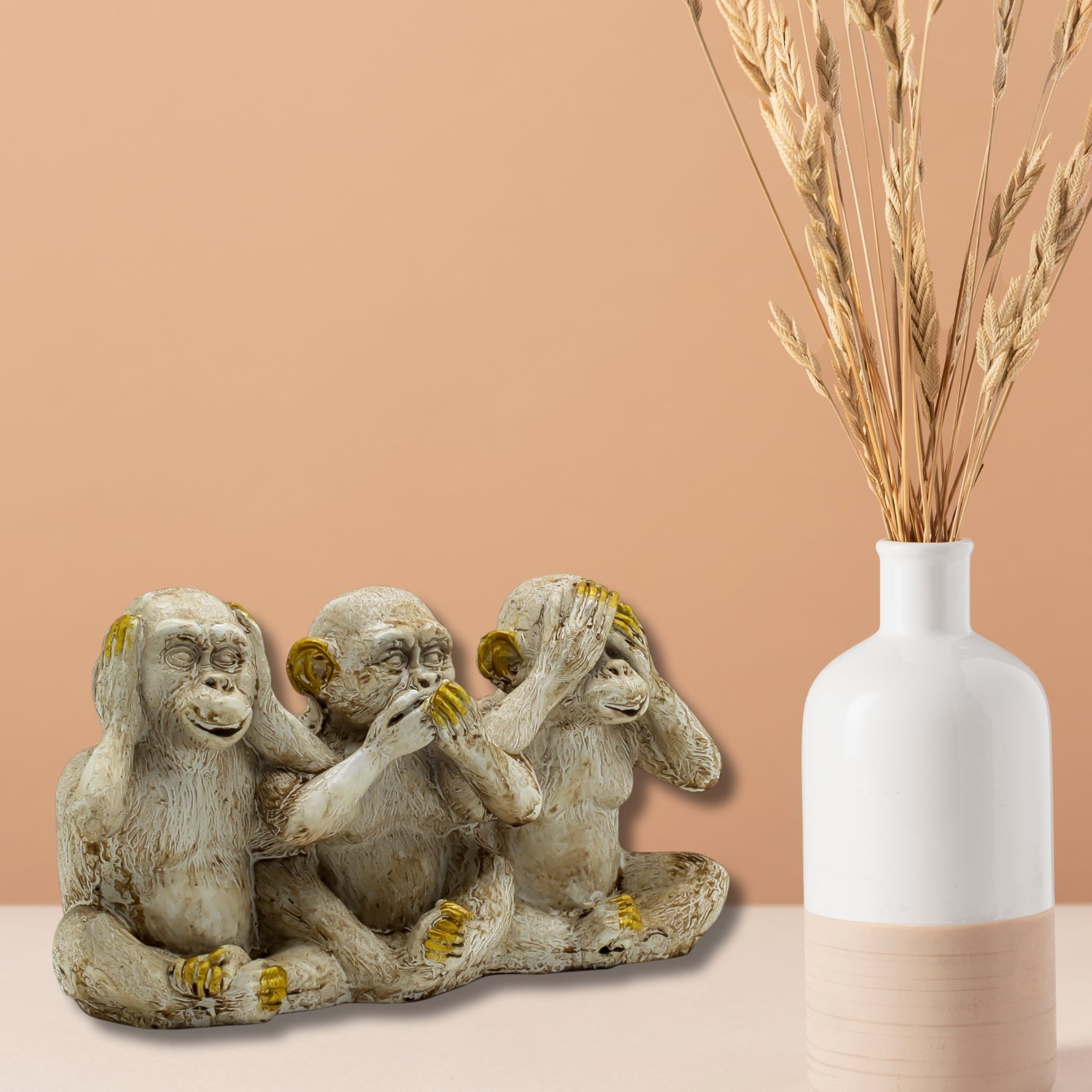 Three Wise Monkeys Sculpture With Gold Accents, Symbolizing Wisdom & Positivity
